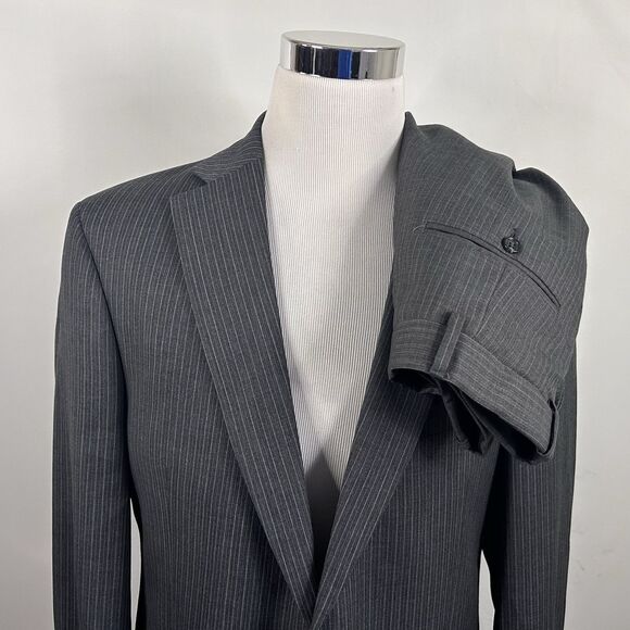 Hickey 44R Suit 34x30 Flat Front Gray Striped Wool Blend Two Button Vented